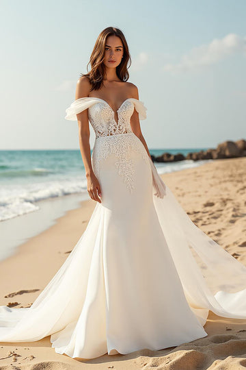 Mermaid Court Train Ivory Off the Shoulder Wedding Dress with Lace Appliques